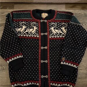 Dale of Norway Black Cardigan with Cream, Red & Green Nordic Motif